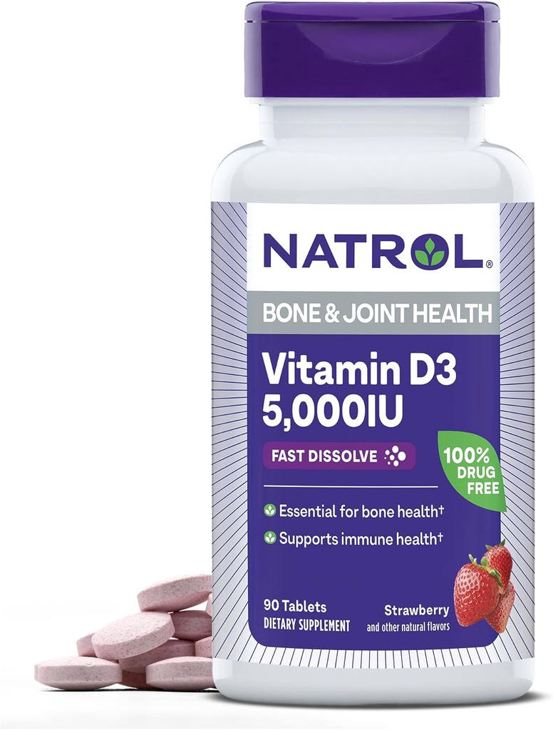 Natrol Fast Opløs vitamin D3 5000 IE, Kosttilskud til ben og fælles sundhed, Knogletilskud, 90 tabletter, 90 dages forsyning