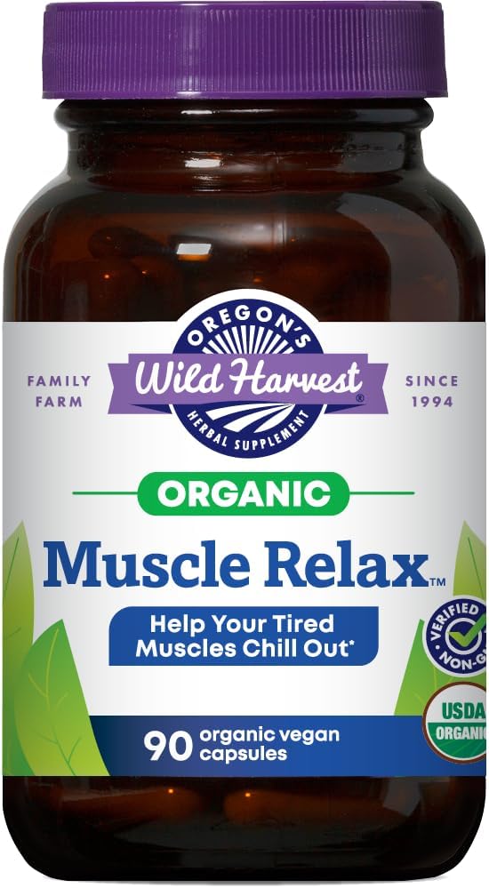 Oregon's Wild Harvest Muscle Relax Organic Herbal Supplement Vegan Capsules with Valerian, Hops and Skullcap - 90 Count