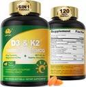 D3 10000 IE Plus K2 (MK- 7) 100mcg, Vegan D3 K2 Vitamin med gurkemeje, Magnesium & Zink til Calcium Absorption, Bone & immunforsvar, Kokosolie til høj Absorption, Let at synke, 120 Cts