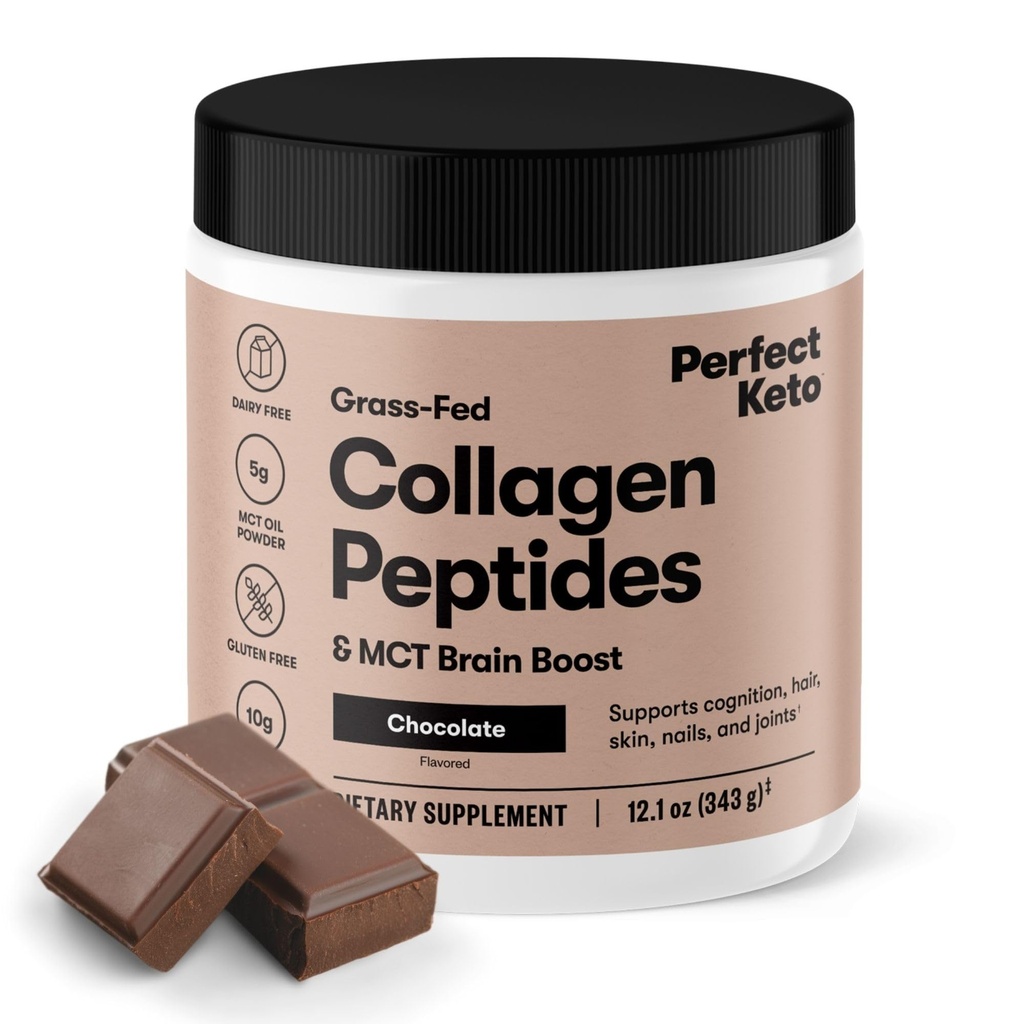 Perfect Keto Collagen Peptider Protein Powder med MCT Oil, Hydrolyzed Collagen, Type I & III tillæg, Gluten Free, Grass Fed, Low Carb, Keto Coffee Creamer, Collagen til kvinder & mænd, Chokolade