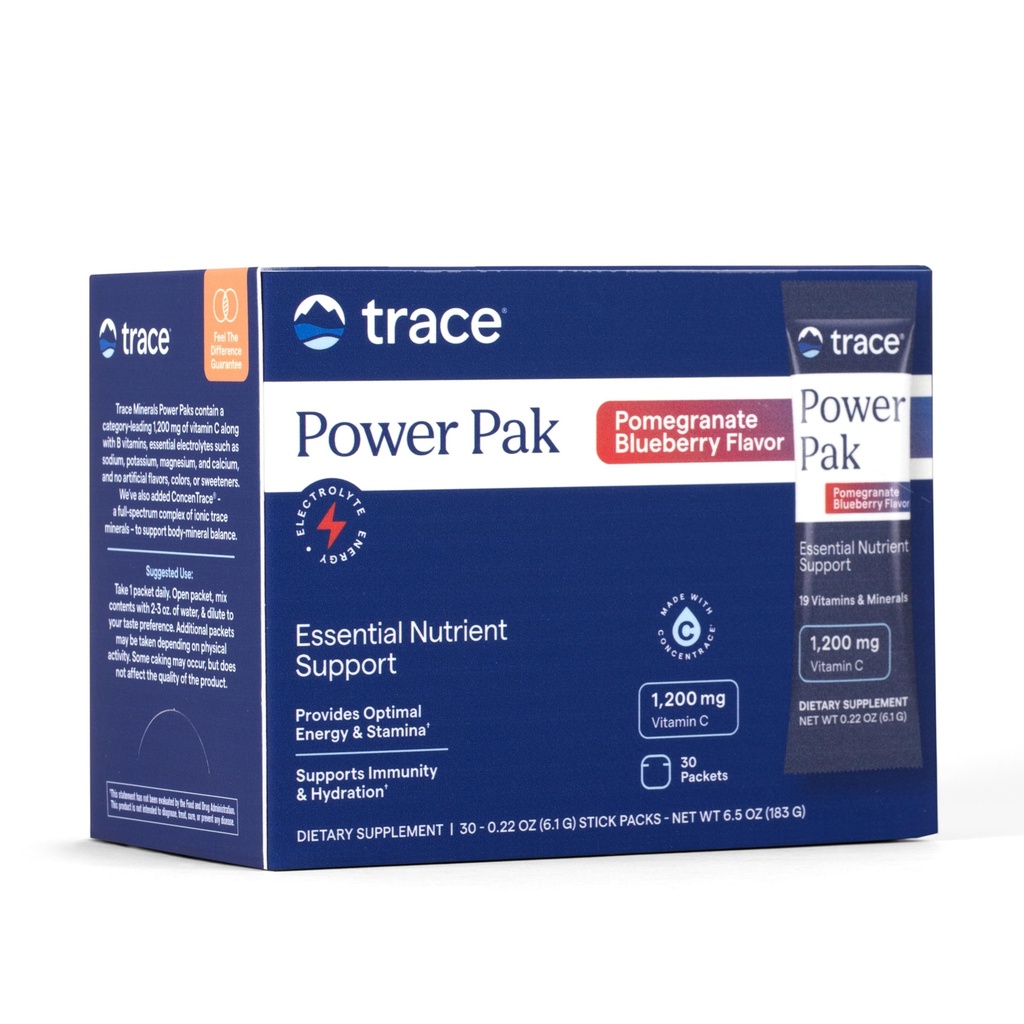 Spor Mineraler Power Pak Multivitamin og Multimineral Pakninger - Elektrolyte Support - 1200 mg C-vitamin Plus 70 Pomegranat Blåbær Flavor - 30 Pakker