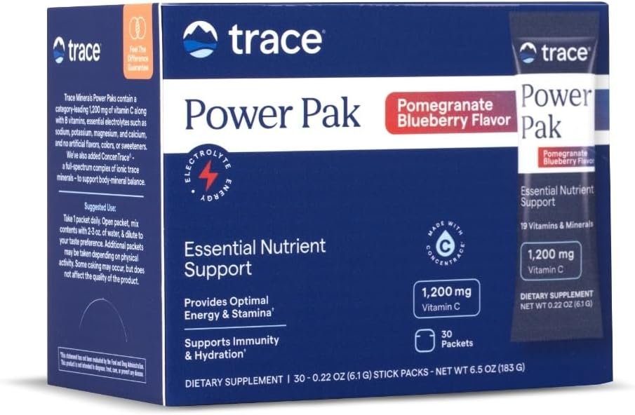 Spor Mineraler Power Pak Multivitamin og Multimineral Pakninger - Elektrolyte Support - 1200 mg C-vitamin Plus 70 Pomegranat Blåbær Flavor - 30 Pakker