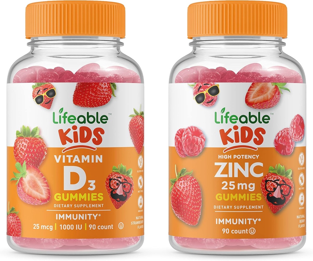 Levende zink 25mg Kids + D-vitamin Kids, Gummies Bundle - Great Tasting, Vitamin Supplement, Gluten Free, GMO Free, Chewable Gummy