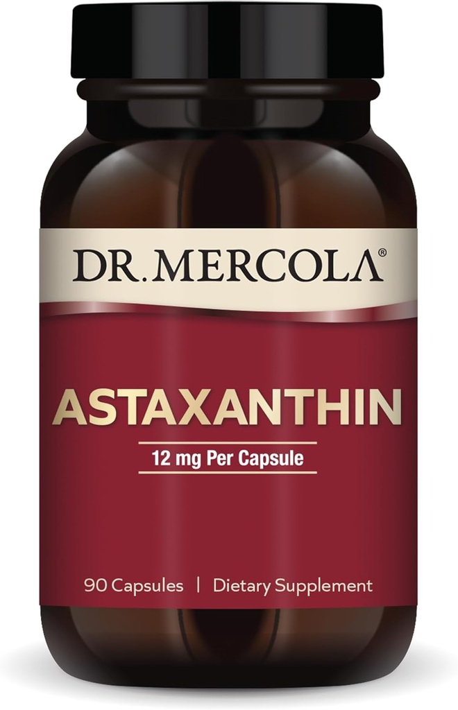 Dr. Mercola Organic Astaxanthin - 12 mg Astaxanthin - Kraftfuld Antioxidant Support - Organic Microalger Extract - Non- GMO, Gluten- Free & Soy- Free - 90 Kapsler (90 Servere)
