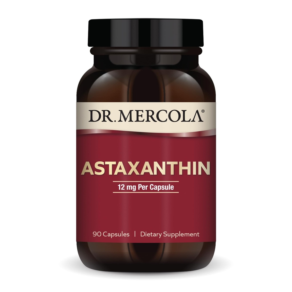 Dr. Mercola Organic Astaxanthin - 12 mg Astaxanthin - Kraftfuld Antioxidant Support - Organic Microalger Extract - Non- GMO, Gluten- Free & Soy- Free - 90 Kapsler (90 Servere)
