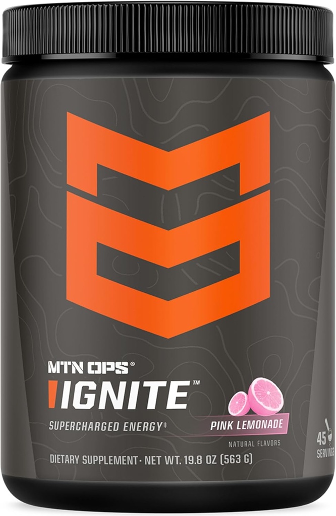 MTN OPS Ignate Energy Drink Powder, Gluten Free Nootrop Supplement Drink Mix, L Arginin, L Citrullin, Koffein & Nootrop Sugar Free Drink Mix, 45 Servere, Pink Lemonade