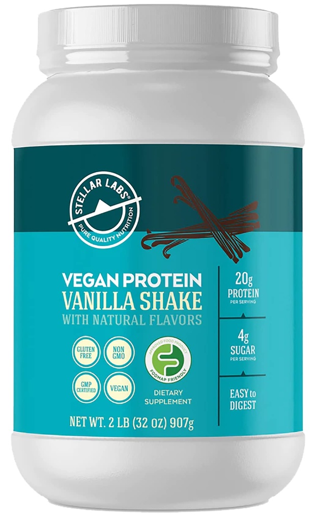 Stellar Labs Vegan Protein Powder with BCAA 's & Antioxidants Б124; Certified Low FODMAP, Non GMO, Gluten Free, Soy Free, Low Carb, with Stevia Б124; Lean Plant Based Protein Powder Shakes Б124; Vanilla
