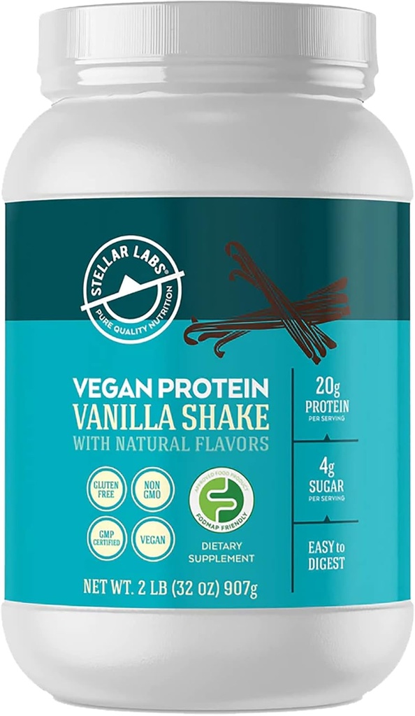 Stellar Labs Vegan Protein Powder with BCAA 's & Antioxidants Б124; Certified Low FODMAP, Non GMO, Gluten Free, Soy Free, Low Carb, with Stevia Б124; Lean Plant Based Protein Powder Shakes Б124; Vanilla