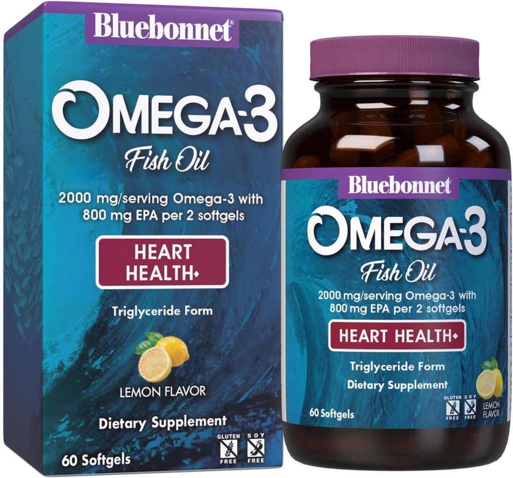 Bluebonnet Nutrition Omega-3 Heart Formel Natural Wild Caught Triglycerid Form DHA 600 mg EPA 800 mg - Højt koncentreret Heart Health Support Supplement - Gluten- Free - 60 Softgel