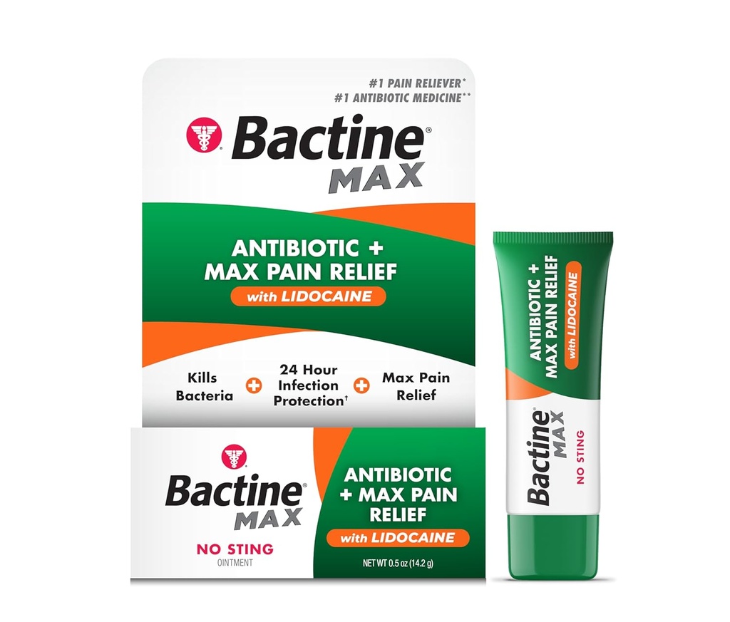 Bactine MAX Antibiotisk + smertestillende salve - Antibiotisk salve med Lidocain - Smerte + Itch Relief for mindre stykker & skraber & brænder - Lidocain Numbing Cream - 0.5oz