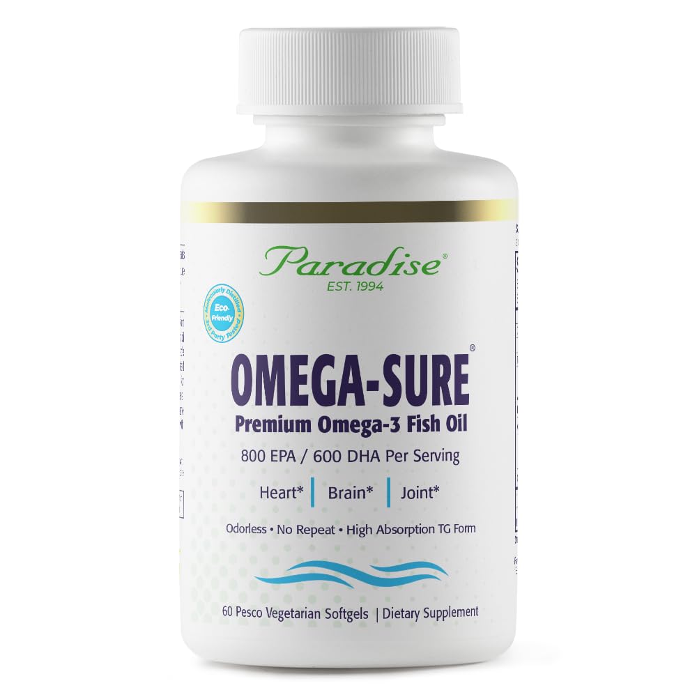 Paradise urter Omega- Sikker, Omega-3 Koncentrat, Premium Fish Oil, DHA, EPA, Vegan, Non GMO, Gluten Free, 60 Grev Vegetarisk Softgels