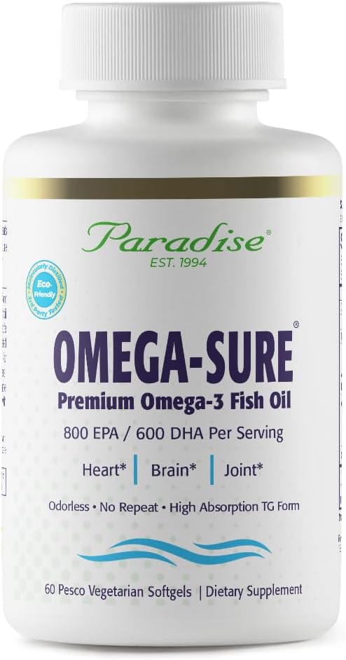 Paradise urter Omega- Sikker, Omega-3 Koncentrat, Premium Fish Oil, DHA, EPA, Vegan, Non GMO, Gluten Free, 60 Grev Vegetarisk Softgels