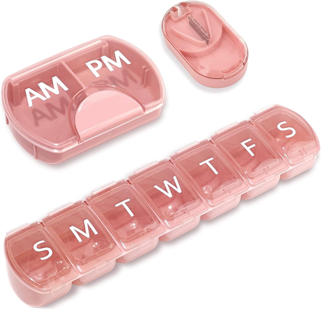 3 Pack (Weekly & Daily), 2 gange om dagen (AM / PM) + 7-Day Pill Organizer + Pill Cutter, Vitamin Planner, Stor kapacitet Pill Box sæt, Rejsepille sag for vitaminer / fiskeolier / kosttilskud, Pink