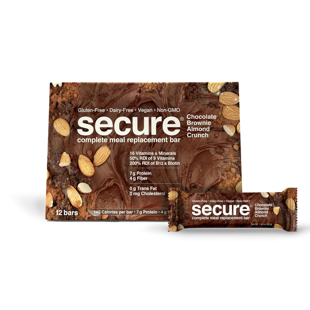 ANDREW LESSMAN Secure Complete Meal Replacement Bars - Chocolate Brownie Almond Crunch - 12 ct box - 7g Protein. 11 Vitamins plus Inulin Fiber. Low Calorie. Gluten and Dairy-Free, Vegan, Non-GMO