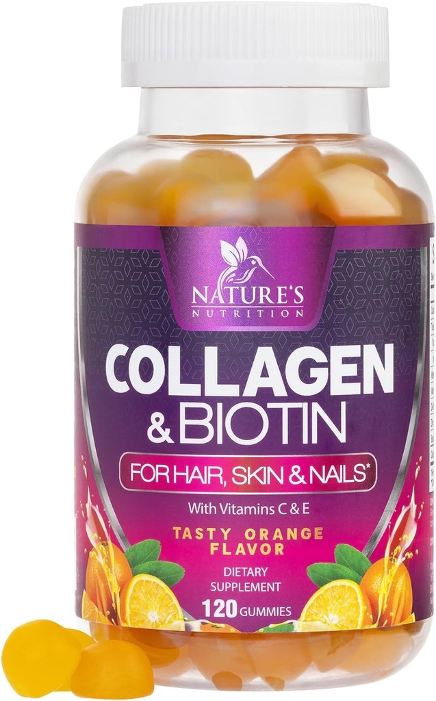 Collagen Gummies med 2500mcg biotin, C-vitamin & zink - Hydrolyzed Collagen Peptid Type 1 & 3 Supplement - Avanceret hår, hud & negle vækst støtte til kvinder & mænd, Gluten fri, ikke-GMO - 120 Greve