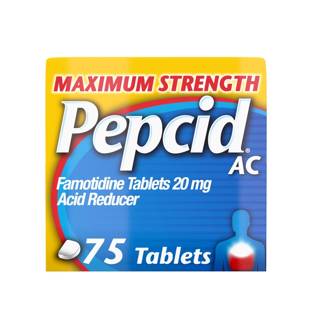 Pepcid AC Maksimal styrke Heartburn Relief Tablets, OTC Medicin Prevents & Relieves Heartburn På grund af syre fordøjelsesbesvær, 20mg Famotidinsyre Reducer, Fast- Active, 75 Ct