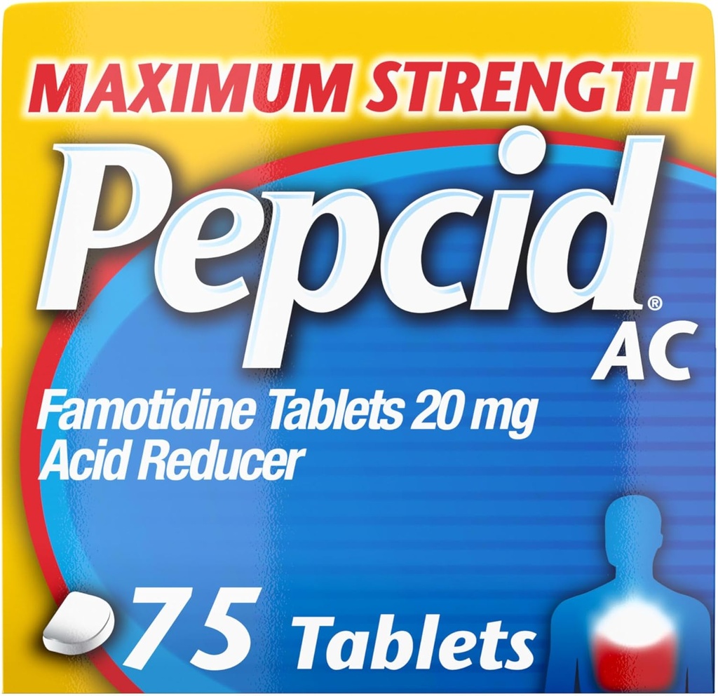Pepcid AC Maksimal styrke Heartburn Relief Tablets, OTC Medicin Prevents & Relieves Heartburn På grund af syre fordøjelsesbesvær, 20mg Famotidinsyre Reducer, Fast- Active, 75 Ct