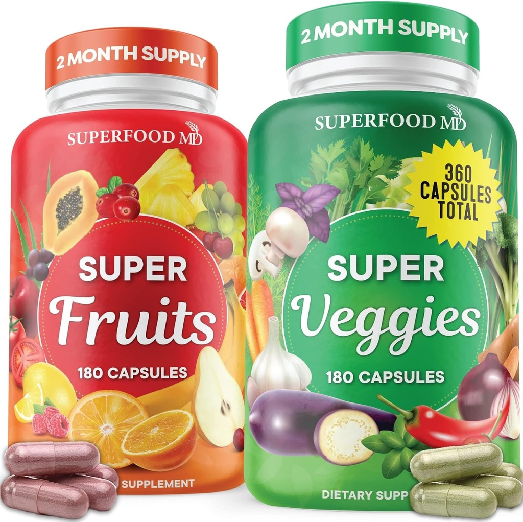 Superfood Fruit and Veggie Supplement - 360 Hel Super Frugt og Vegetabilske Kosttilskud & Vitamin med Olive Leaf, Soy Free- 180 Greve (pakke med 2)