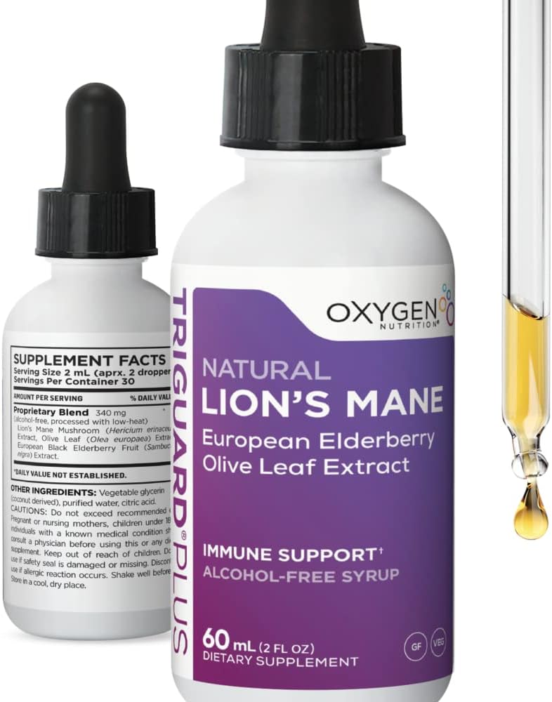 TriGuard Plus Lions Mane - Lions Mane Nootrop, Olive Leaf, Elderberry Extract Liquid Tincture 2 fl oz Budd124; Mental Clarity, Focus, Memory, immunforsvar & Energy Budd124; Alkohol- Free, Non- GMO, Made in USA