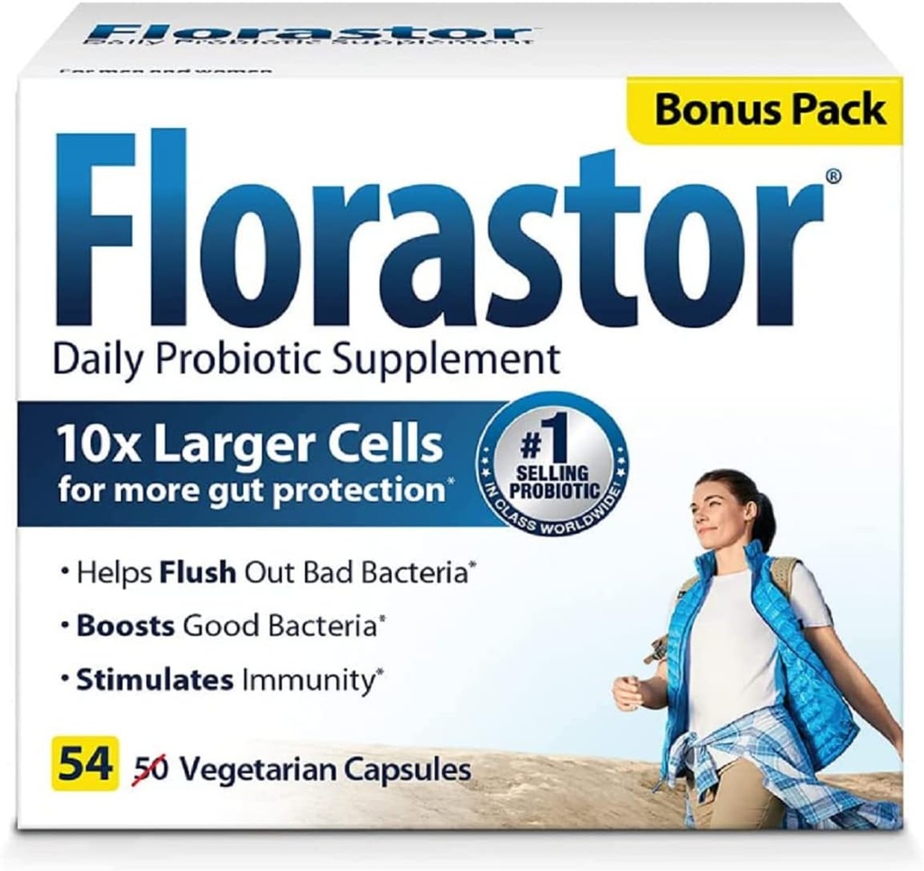 Florastor Daily Probiotic Supplement for Women and Men, Proven to Support fordøjelsessygdomme, Saccharomyces Boulardii CNCM I- 745 (54 kapsler), pakke med 4