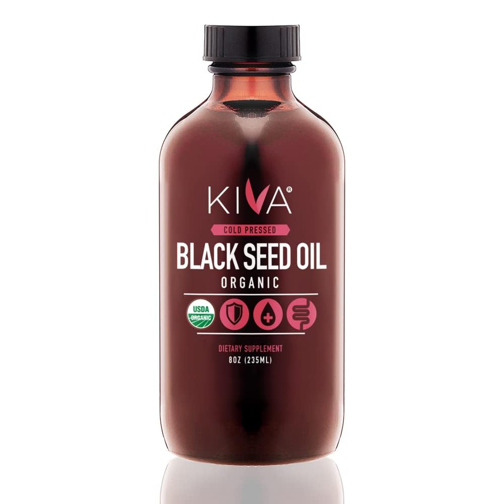 Kiva Organic Black Seed Oil - Ultra High 3X Thymoquinone (TQ), Cold- presset, 100% tyrkisk Nigella Sativa Seed Oil, All- Natural non-GMO supplement - Vegan, 8 oz (235 ml) Glaskolbe