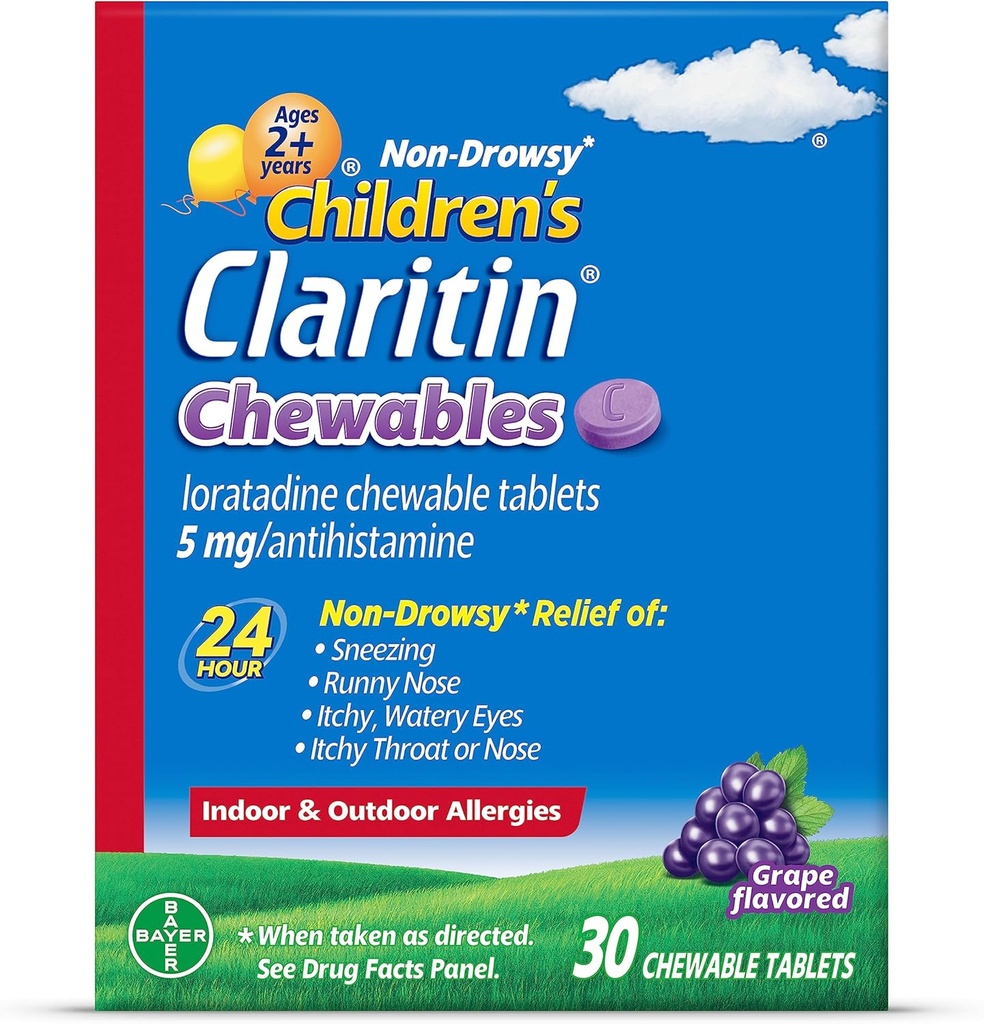 Børns Claritin Chewables 24 timers Allergi Relief, Non Drowsy Kids Allergi Medicin, Grape Antihistamin Chewable Tablets, 30 Greve