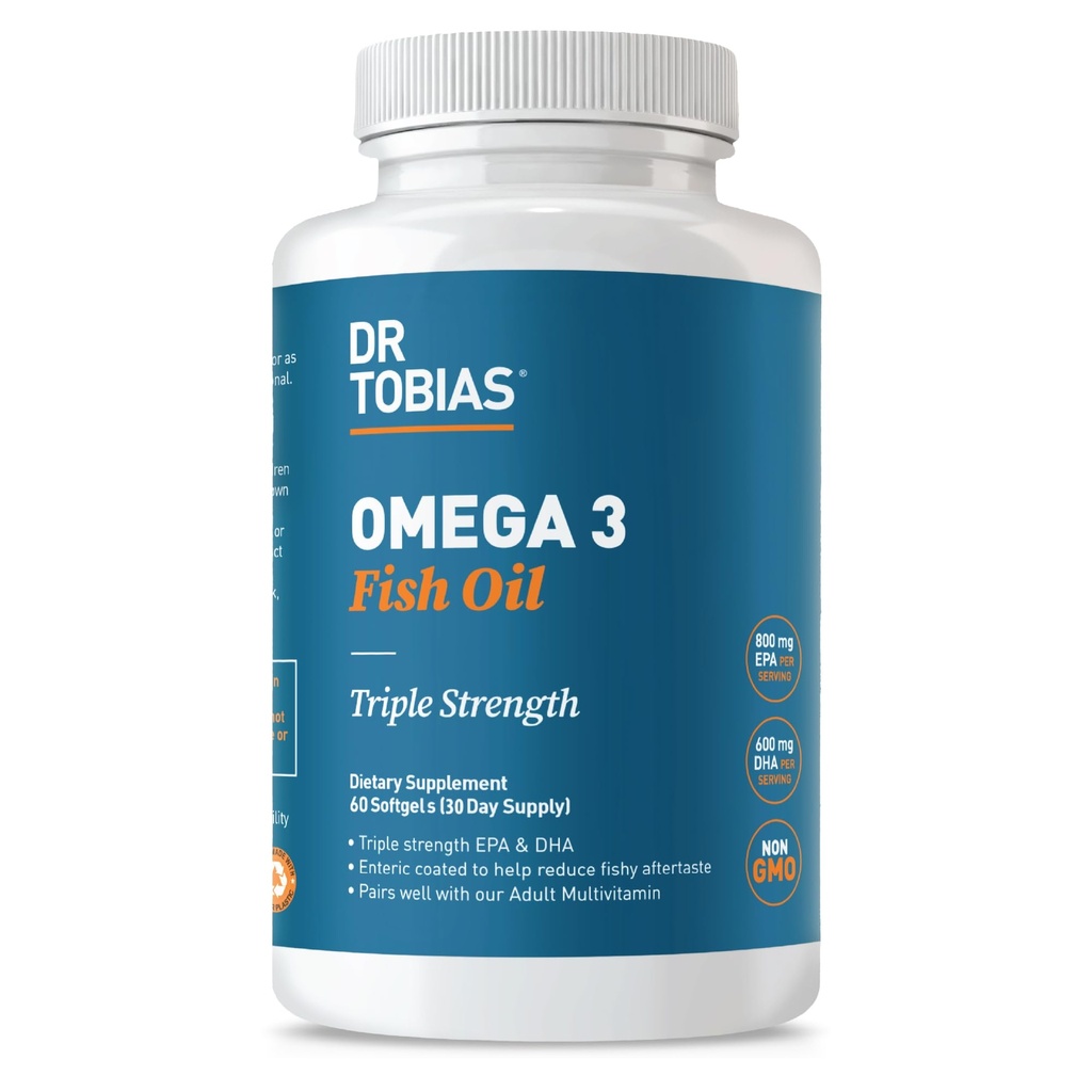 Dr. Tobias Omega 3 Fish Oil, 2000mg Triple Strength with 800mg EPA 600mg DHA Per Serving, Fish Oil Omega 3 Kosttilskud til hjerte, hjerne & immunforsvar, 60 Softgels, 30 Servere