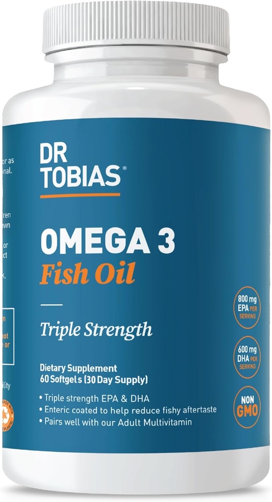 Dr. Tobias Omega 3 Fish Oil, 2000mg Triple Strength with 800mg EPA 600mg DHA Per Serving, Fish Oil Omega 3 Kosttilskud til hjerte, hjerne & immunforsvar, 60 Softgels, 30 Servere