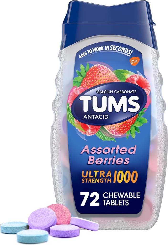 TUMS Ultra Strength Chewable Antacida Tablets for Heartburn Relief og Syre fordøjelsesbesvær Relief, Assorted Berries - 72 Greve