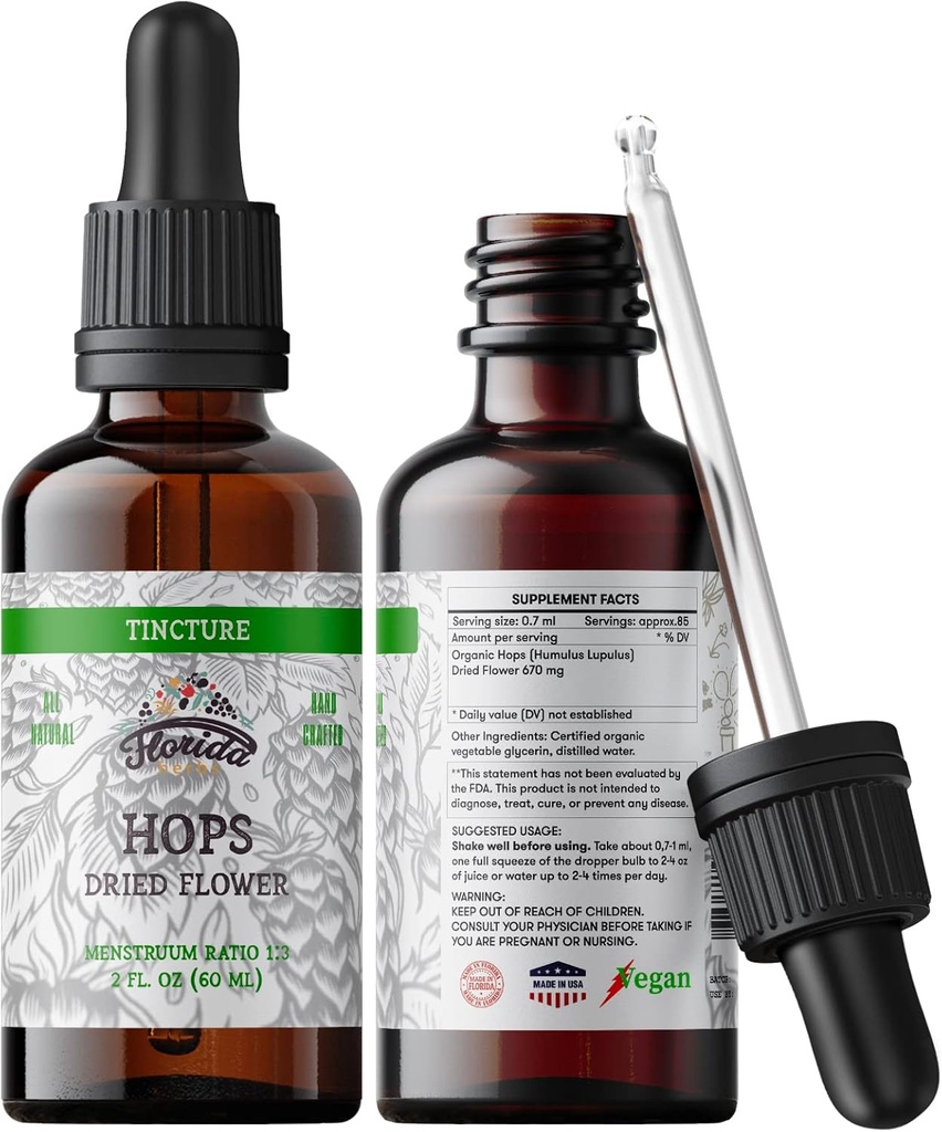 Hums Tincture, Organic Hums Extract Drops (Humulus Lupulus) Tørrede blomster - Non- GMO 2 oz