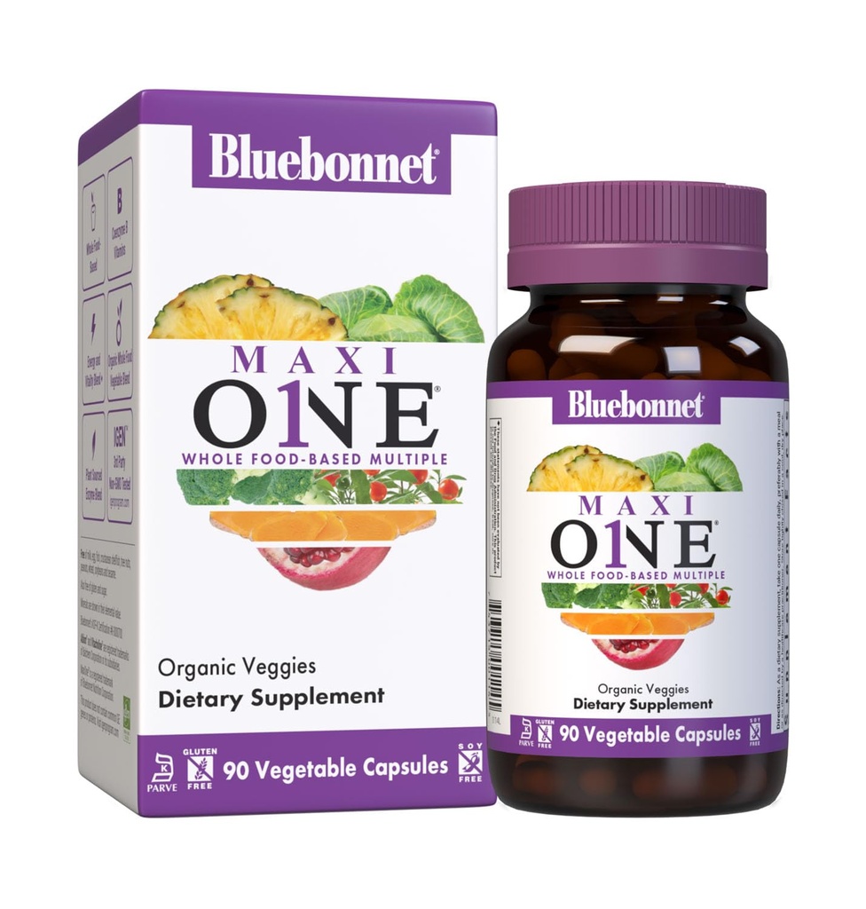 Bluebonnet Nutrition Maxi One (med jern), Hele fødevarer Multipel, enzymer, energi, Vitality, Gluten- Free, Kosher, Dairy- Free, Vegetarisk Friendly, Soy- Free, Non- GMO, 90 Vegetabilske Capsule, 3 Måned Supply, Beige
