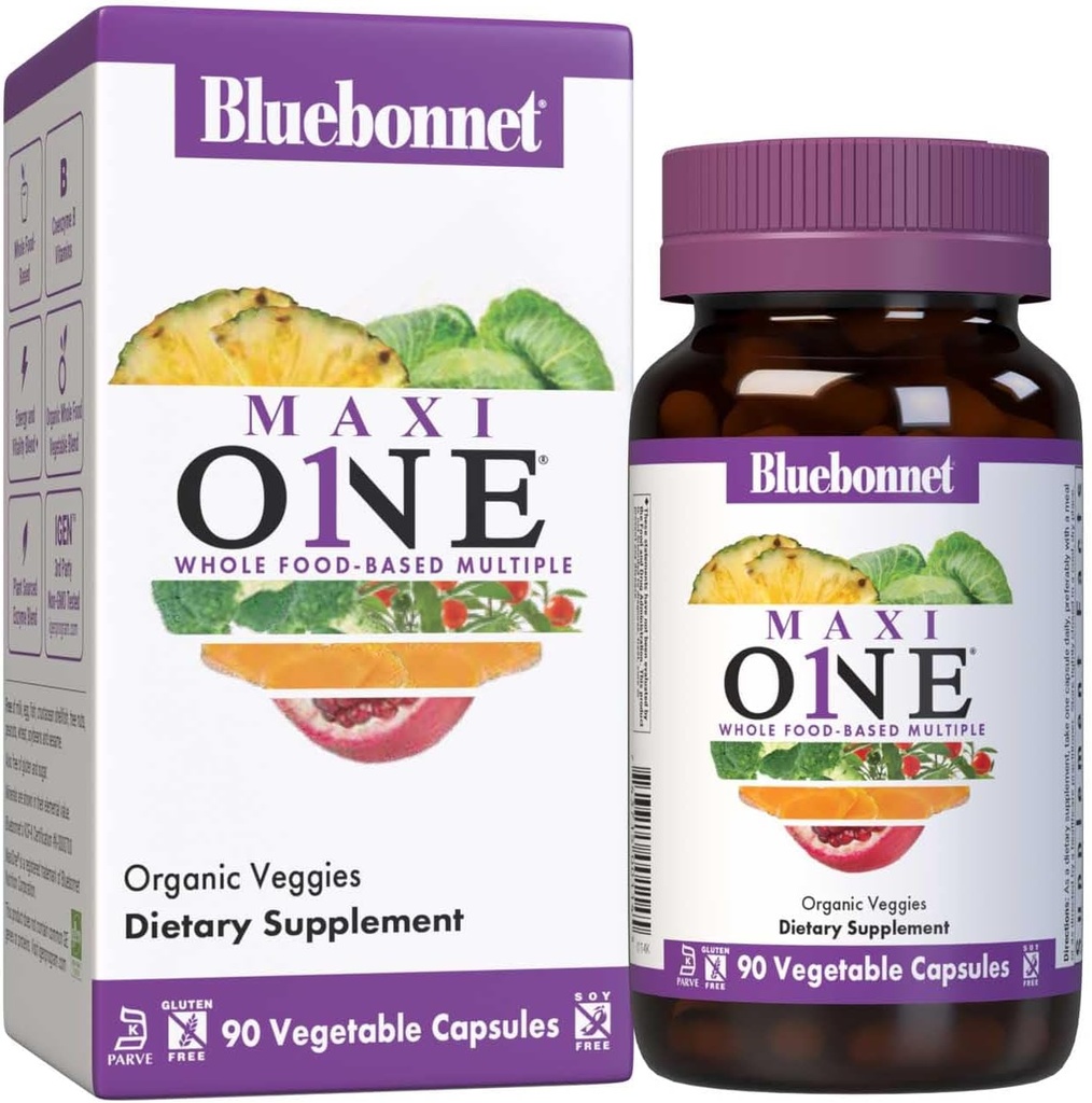Bluebonnet Nutrition Maxi One (with Iron), Whole Food Multiple, Enzymes, Energy, Vitality, Gluten-Free, Kosher, Dairy-Free, Vegetarian Friendly, Soy-Free, Non-GMO, 90 Vegetable Capsule, 3 Month Supply, Beige