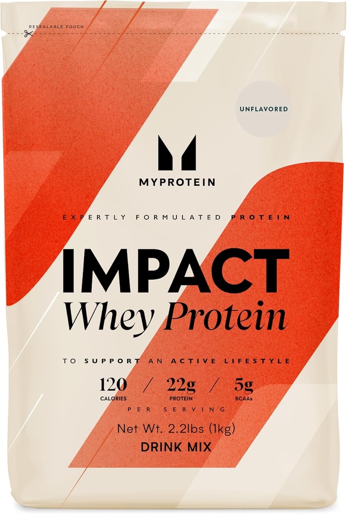Myprotein Impact Whey Protein Powder, 2.2 Lbs (33 Servings) Unflavored, 22g Protein & 5g BCAA Per Serving, Protein Shake for Superior Performance, Muscle Strength & Recovery, Gluten Free