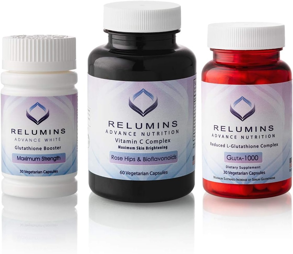 Relumins Advance Nutrition 3- Flaske Supplement Set - Gluta 1000 med reduceret L- Glutathion, C-vitamin MAX, immunfunktion & Samlet wellness - Vegan, Halal, Kosher, cGMP Certificeret