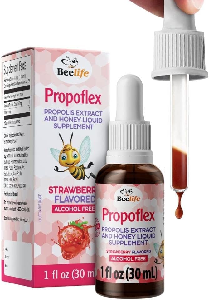 Beelife Propoflex Green Propolis Extract for Kids - Ingen Alkohol Bee Propolis Tincture, High Artepillin- C Nivels - Natural Antioxidant- Rich Liquid Supplement - Strawberry Flavor, Lavet i Brasilien, 30ml