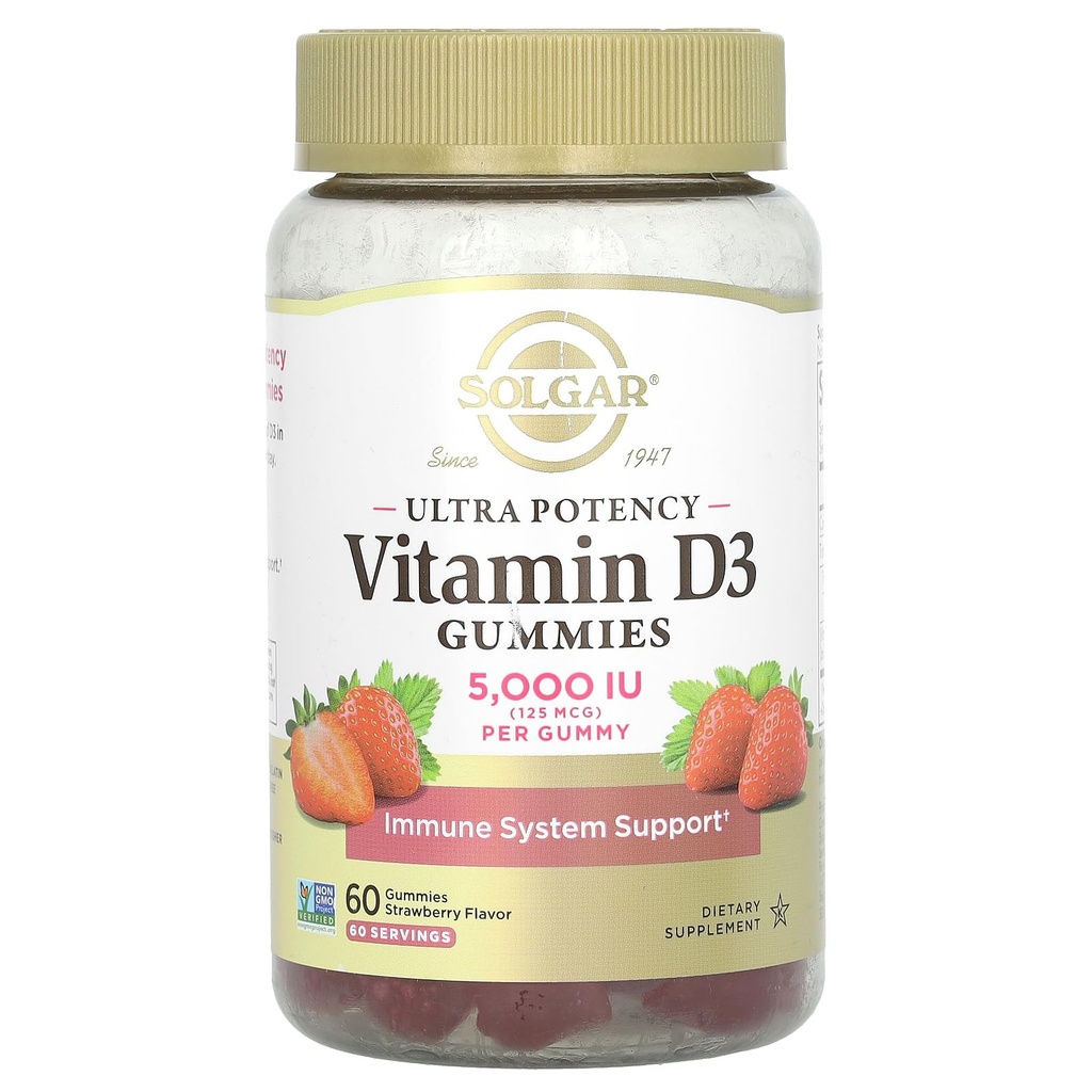 Solgar Vitamin D3 Gummies til voksne 5,000IE Ultra Potency Vitamin Immunsystem Støtte til kvinder & mænd - Tasty Strawberry Flavor, Gluten & Gelatine Free Gummy, 2 måneder Tilgang, 60 Servering, 2 g sukker