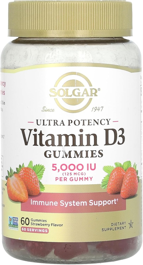 Solgar Vitamin D3 Gummies til voksne 5,000IE Ultra Potency Vitamin Immunsystem Støtte til kvinder & mænd - Tasty Strawberry Flavor, Gluten & Gelatine Free Gummy, 2 måneder Tilgang, 60 Servering, 2 g sukker