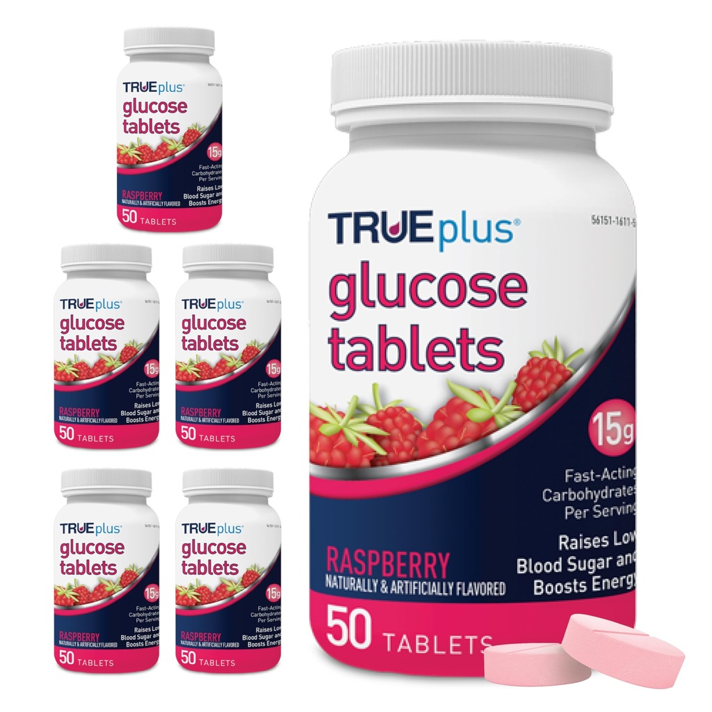 TRUEplus ® Glucose tabletter, Raspberry Flavor - 50 Greve (pakke med 6)