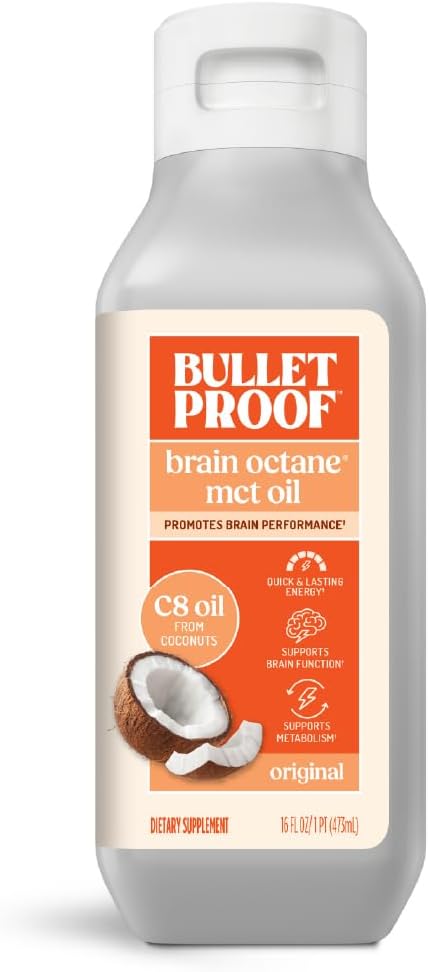 Bulletproof Kokosolie Brain Octane C8 MCT Oil, 16 Ounces, Premium Keto tillæg for vedvarende energi, hjerne og krop brændstof, Uden smag, Tilføj til kaffe og smoothies, Packaging May Vary