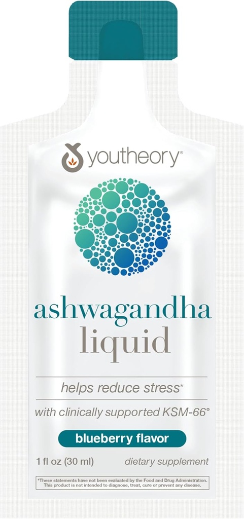 Youtheory Ashwagandha Flydende - Bruger Organic KSM- 66 - Urtebind til støtte energi niveauer & stress Relief * - 12 Single-Servering Pakker (12-dages levering)