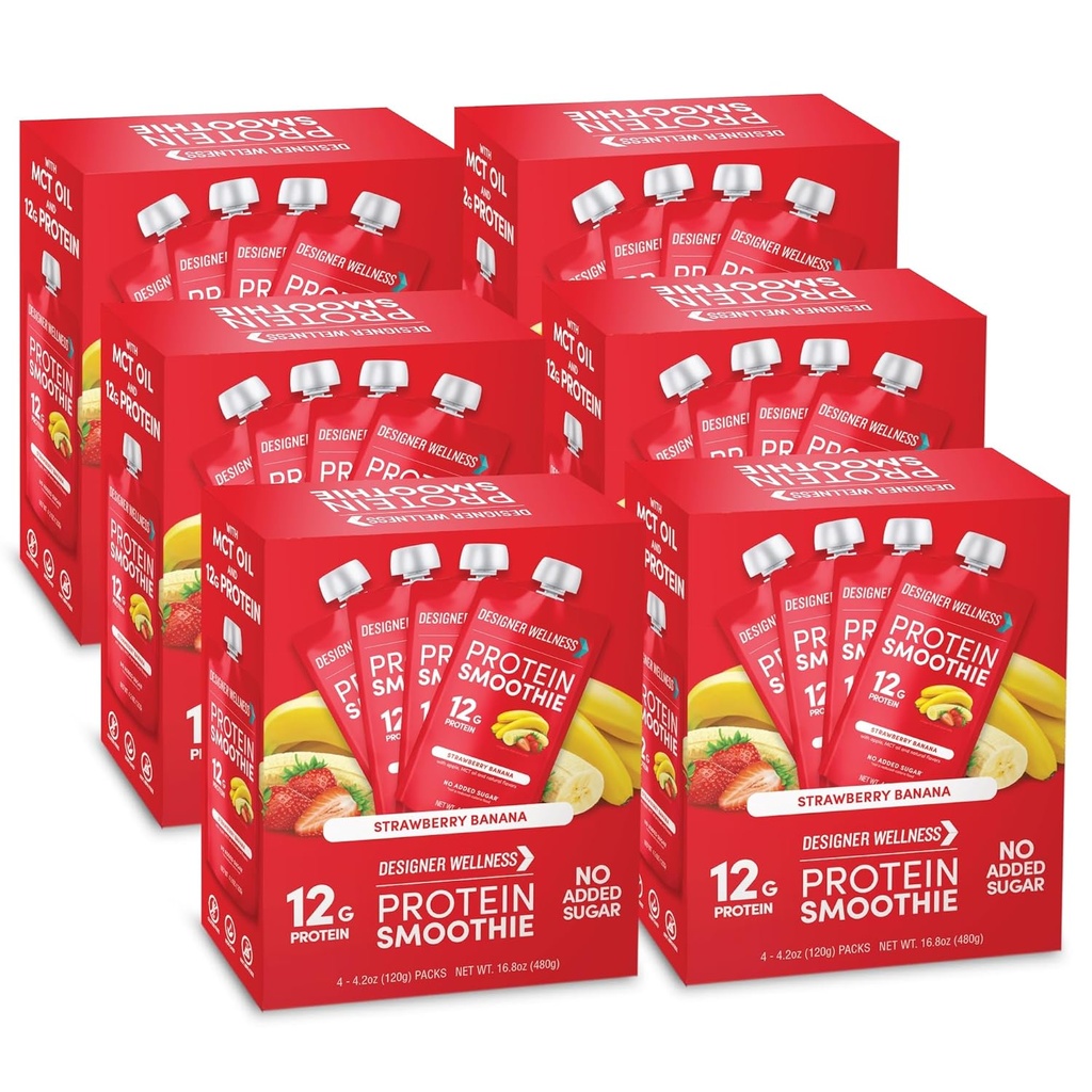 Designer Wellness Protein Smoothie, Real Fruit, 12g Protein, Low Carb, Zero Added Sugar, Gluten- Free, Non- GMO, Ingen kunstige farver eller flavors, Strawberry Banana, 24 Greve