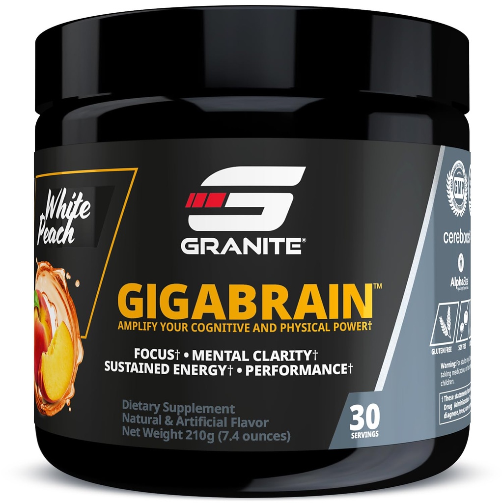 Granite Nutrition GigaBrain Nootrop Energy Powder - Cereboost, Alpha- GPC & ElevatP - Kognitiv fokus supplement til vedvarende energi & ydeevne - White Peach, 30 Serveringer