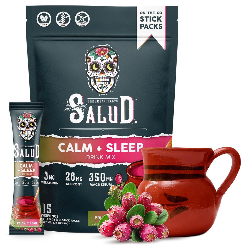 Salud 2-in-1 Sleep Aid + Calm Drink Mix, Prickly Pære Flavor, Melatonin, Magnesium, Saffron Extract, L- Theanine, Non- GMO, Gluten Free, Vegan, Low Calorie, 1g sukker (15 Servere)
