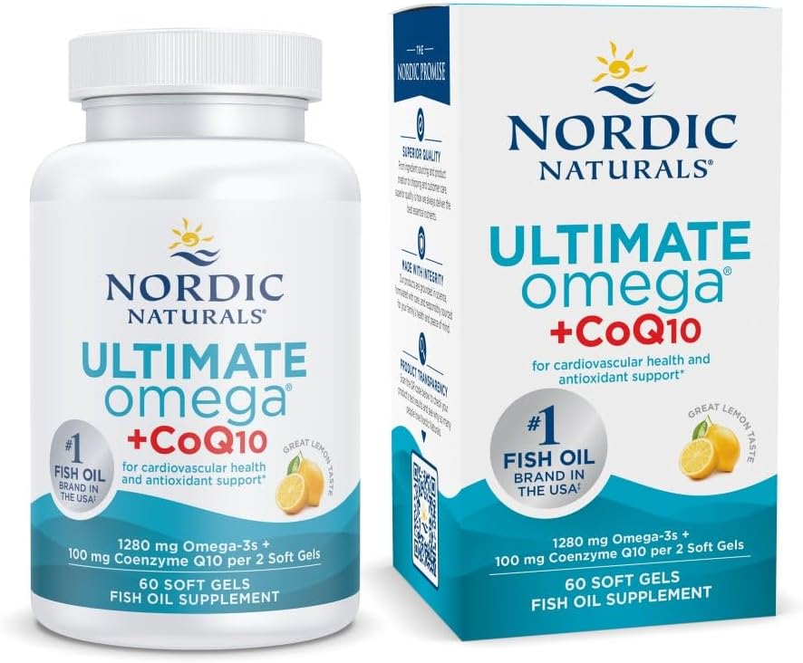 Nordic Naturals Ultimate Omega + CoQ10, Lemon - 60 Soft Gels - 1280 mg Omega-3 + 100 mg CoQ10 - Heart Health, Cellular Energy, Antioxidant Support - Non- GMO - 30 Serveringer