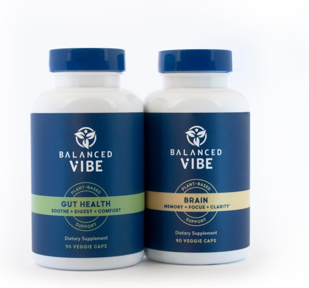 Balanceret Vibe Brain + Gut Sundhed Axis 124; Memory + Fokus- > 124; Gut Helbred- Supplement 124; Plant- Based Support for Memory, Fokus- & Gut Inflammation Response