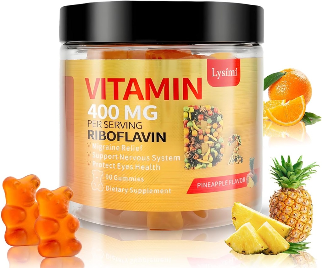 Vitamin B2 Gummier, Vitamin B2 Riboflavin Gummies 400mg med Magnesium & Coq10, Migræne Relief & Hovedpine Relief, for børn og voksne, 90 Chewable Gummies (1)