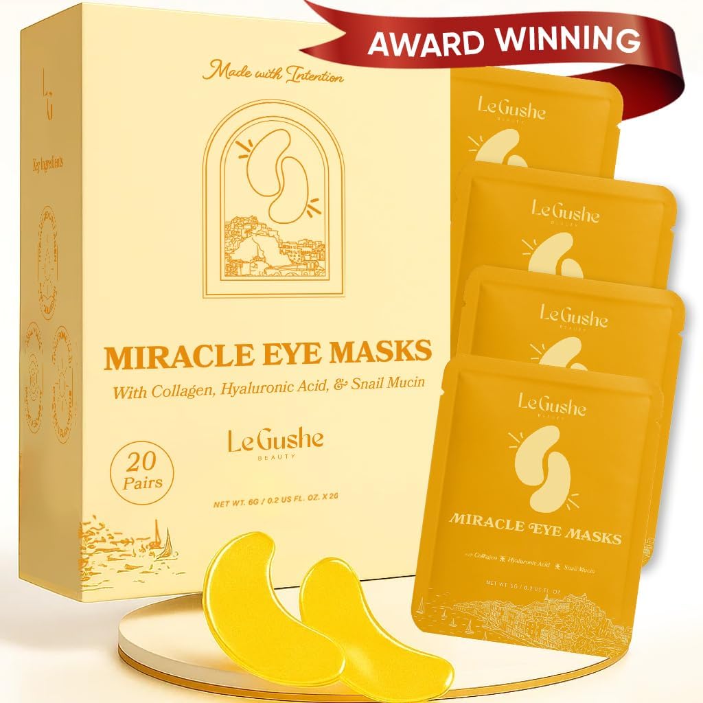 LE GUSHE Guld under øjet Patches for Puffy Eyes og mørke cirkler (20 par) - Hydrating Collagen under øjet Masker med Snegl Mucin - Lindrende Puffy øjne Behandling for kvinder & mænd - Brudepige Gaver