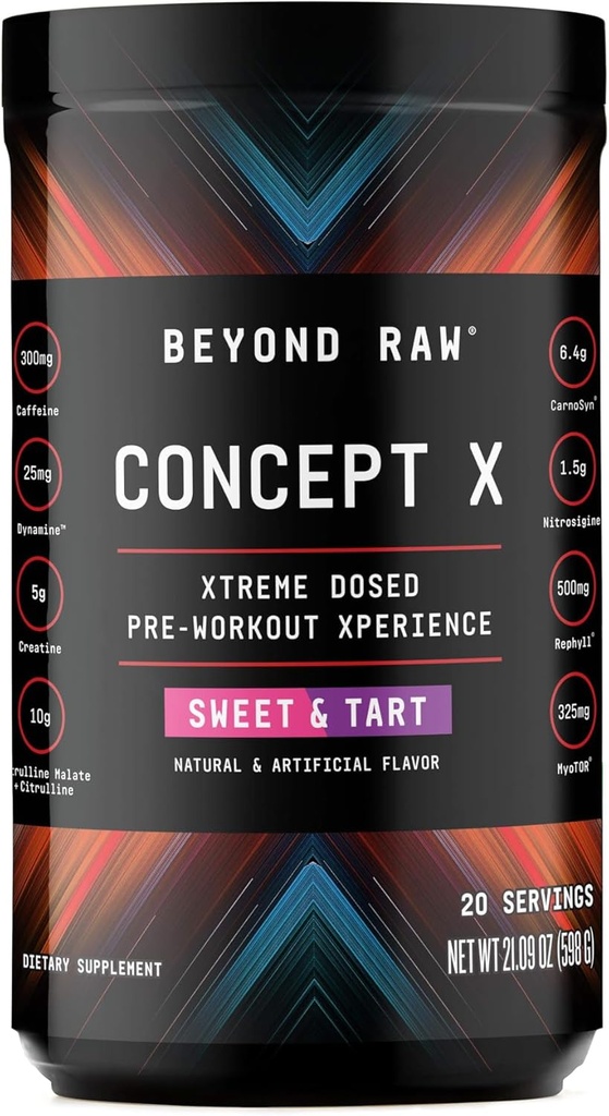 BEYOND RAW Concept X, Clinically Dosed Pre-Workout Powder, Contains Caffeine, L-Citrulline, Creatine, and Beta-Alanine, Sweet & Tart Flavor, 20 Servings
