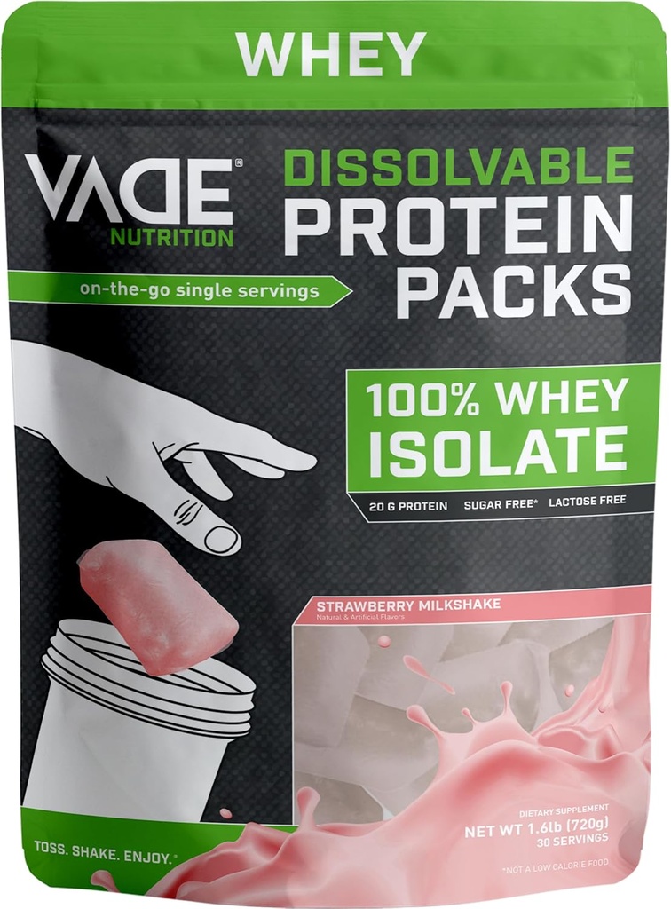 VADE Nutrition Opløselig Protein Pakker Budd124; Jordbær Milkshake Whey Isolere Protein Powder, On- The- Go, Lav Carb, Lav kalorie, Lactose fri, Gluten fri, Fedt fri, Sukker fri, Lean, 30 Servering