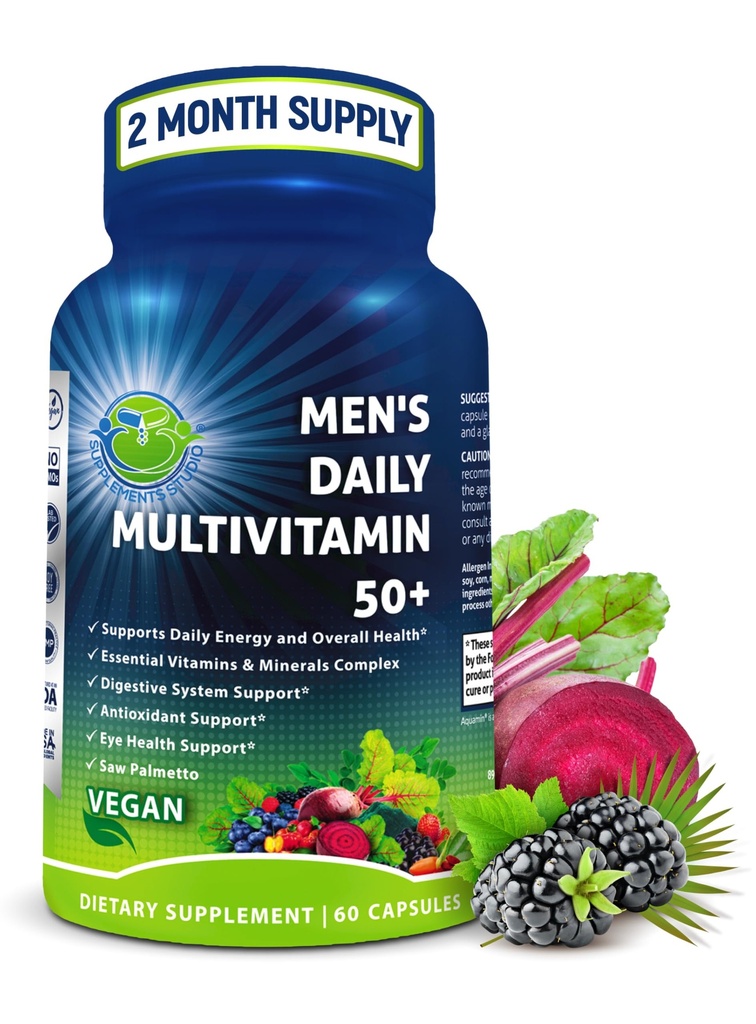 Daglig Multivitamin 50 Plus - Vegansk Methyleret Multivitamin til mænd 50 og derover - Saw Palmetto, Biotin, Organic Superfoods, Lutein - Eye, Energy, Gut, Health Support - Let at synke kapsler